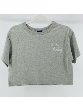 “Thrify + Thriving" Printed Champion Short Sleeve Cropped Tee in Grey